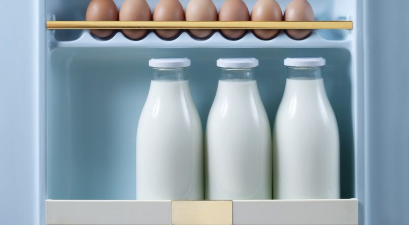 Son kullanma tarihleri: Retro buzdolabı kapısında 3 şişe süt ve kahverengi yumurta