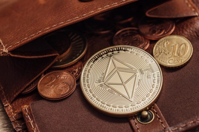 Çift piramit logolu bir hatıra parası, euro paraları içeren açık bir deri cüzdanda yatıyor.